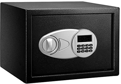 Amazon Basics Tresor aus Stahl, Sicherheit für Zuhause, mit digitaler Tastatursperre – für Bargeld, Schmuck, Ausweise, Dokumente, 14 l, 35cm x 25cm x 25cm (B x T x H), Schwarz