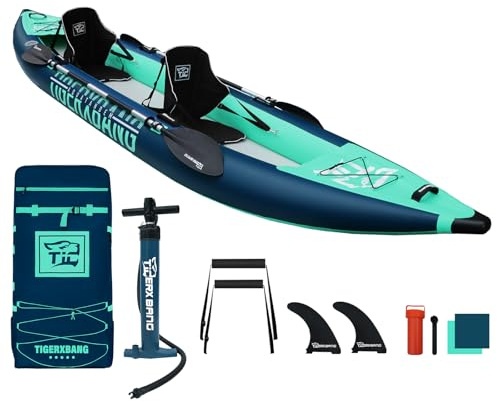 TIGERXBANG Kajak Aufblasbar, 2 Personen Kajak 420x96x24cm Drop Stitch Tourenboot für Erwachsene/Kinder Aufblasbar Kanu Set Mit 2 Sitz & Doppelpaddeln Zubehör Mit 205KG Gewicht Kapazität, Türkis