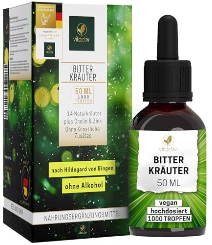 VITACTIV Bitterkräuter - Bittertropfen ohne Alkohol - Erlesene Kräuter plus Cholin & Zink - Bitterstoffe Tropfen nach Hildegard von Bingen - Ohne Künstliche Zusätze, Zuckerfrei, Vegan - 50ml