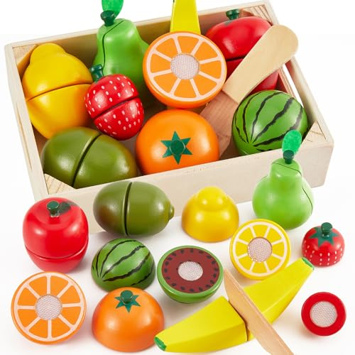 LINFUN KIDS Holz Obst zum Schneiden Lebensmittel Spielzeug Set mit Klett, Kinderküche Spielküche Zubehör Rollenspiele Lernspielzeug Pädagogisches Geschenk für Kinder ab 3 4 5 Jahren