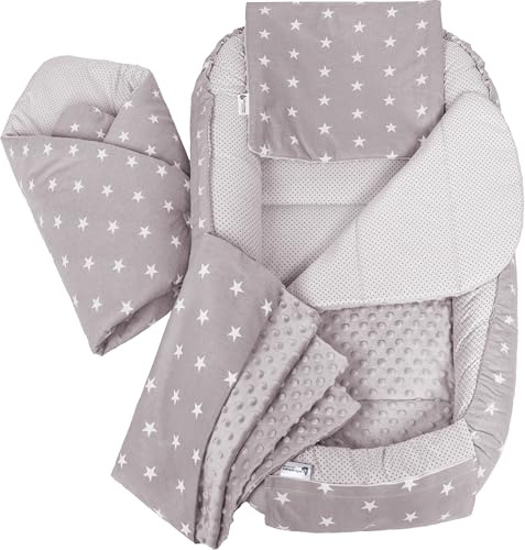 Medi Partners Babynest Nestchen Baby Set für Neugeborene - 100x60x15 Kuschelnest 5 teilig tragbar Nest zweiseitig Babynestchen Bett 100% Baumwolle (Sternen mit graue Minky)
