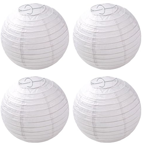 4er weiße Lampions Papier Laterne Ø 20cm 8 rund Ballform Lampenschirm,Bamboo Style Gerippter Lampenschirm Deko für Party Garten Hochzeit Dekoration