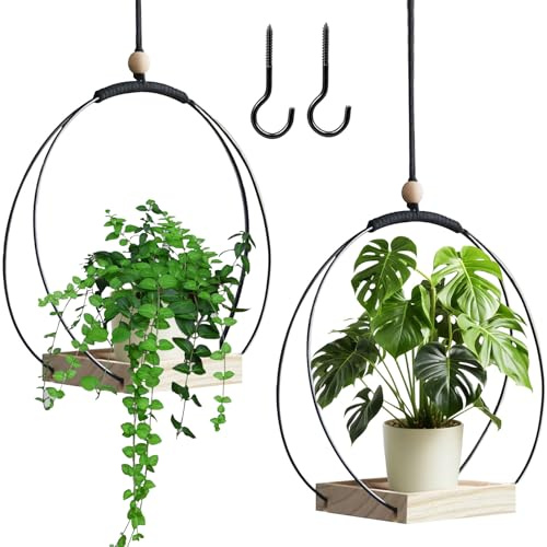 BDHYYM 2 Stück Blumenampel Hängend Innen,Metallring mit Holzsockel,Hängetopf für Pflanzen,Hängender Blumentopf Hängend,Hängeampel Blumen,Blumenampel Innen,Hängepflanzen Topf,Aufhängehaken Inklusive