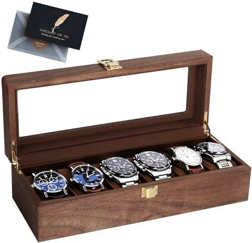 BBWELL Uhrenbox mit 6 Fächern,Hölzerne Uhrenkasten mit Glasdeckel,Abnehmbare Polster,Schloss aus Metall,Uhrenkoffer Uhrenaufbewahrung für Herren