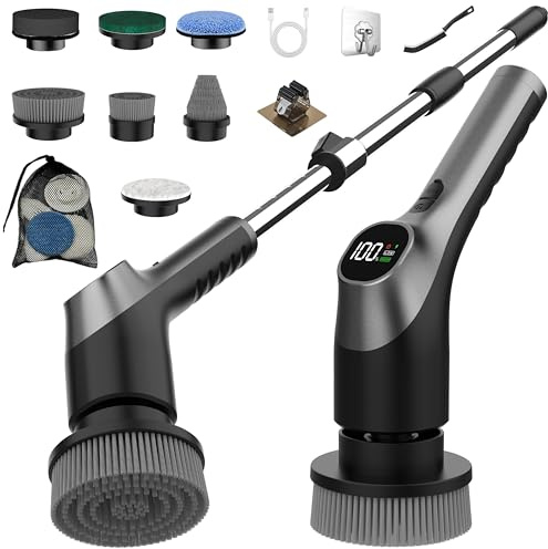 Elektrische Reinigungsbürste, Electric Cleaning Brush mit 7 Wechselbürsten, IPX7 wasserdichte Putzbürste Elektrisch,Verstellbarem Griff Elektrische Bürste für Bad Fliesen Küche Boden Auto Schwarz G3
