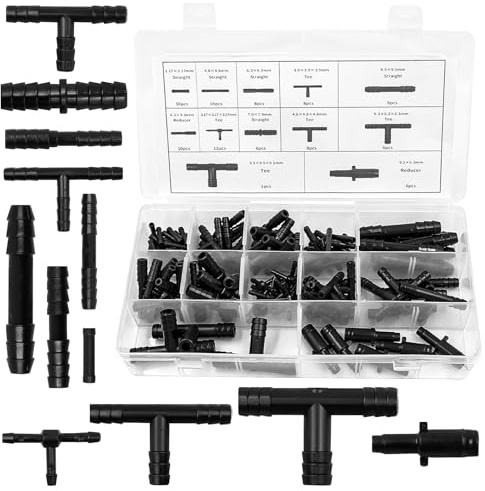 113 Stück Schlauchverbinder Set – 12 Größen T-StückGerade Stück und Reduzierstücke – Für Gartenschläuche, Bewässerungssysteme, Automobil und Wasserkreislaufsysteme