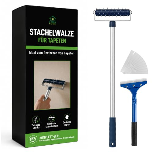 Green Home Tapetenigel Stachelwalze 150 x 500 mm - Nagelroller zum Tapeten Entfernen inkl. Tapetenschaber & Teleskopstiel - Perforierwalze fürs Ablösen - 2er Set