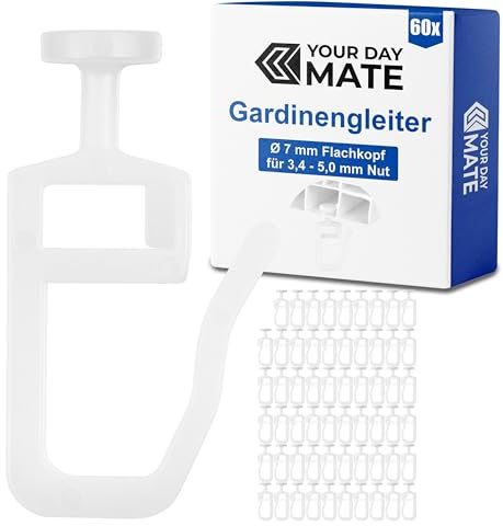 Gardinengleiter für Innenlaufschienen, 60 Stück, mit Ø 7 mm Flachkopf, in Weiß, Faltengleiter für Vorhangschiene, Gardinenschiene, Vorhang Rollgleiter Kräuselband Haken, Gardine Gleiter Schiene System