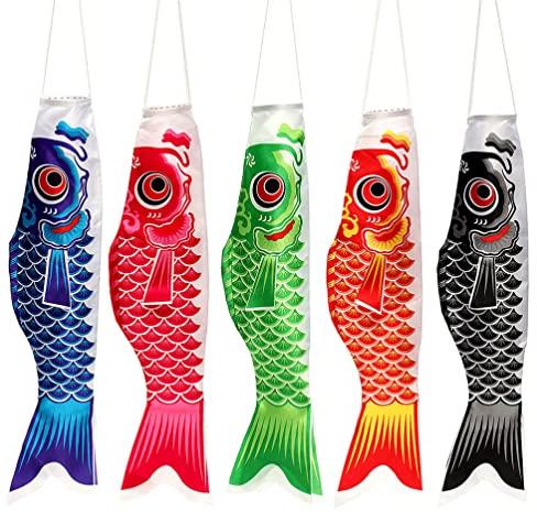 Angoily 5PCS Karpfen Fisch Windsack Traditionellen Japanischen Stil Wind Directional Fisch Anime Satin Flagge Zeichen Hängen Segelfisch Willkommen Banner für Home Shop 70cm