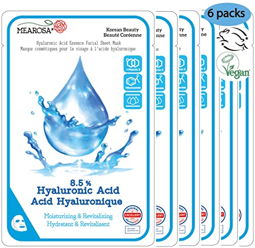 MEAROSA* 8.5% Hyaluronsäure, Niacinamid, Vitamin E Essenz Gesichtsmasken Empfindliche Haut Vegane Formel Feuchtigkeitsspendende & nährende Premium Qualität Natürliche Inhaltsstoffe.[6 Packungen]