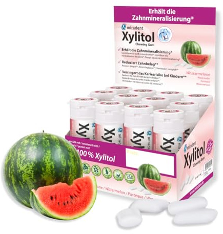 miradent Xylitol Zahnpflegekaugummi Wassermelone Display 12 St. | fruchtiger Geschmack | zuckerfrei | vegan | kariespräventiv | für unterwegs