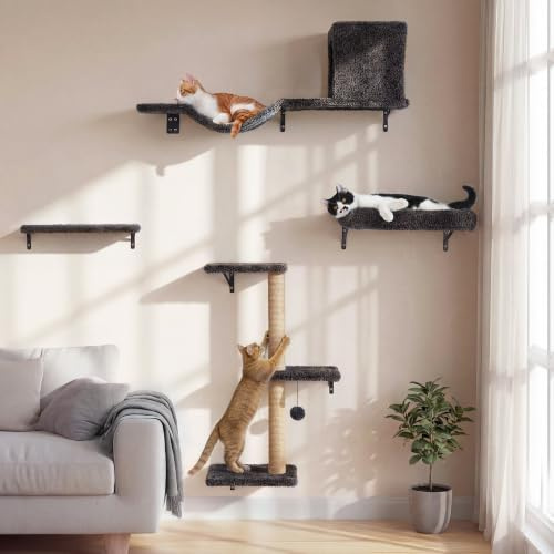 FUKUMARU Kletterwand Katzen Set, 10-teilig Katzen Kletterwand Set, aus robuster Multiplexplatte，Hängematte Katze mit Katzenhaus, Katzenbrücke, Katzenbaum, Katzentreppe bis zu 18 kg, Grau