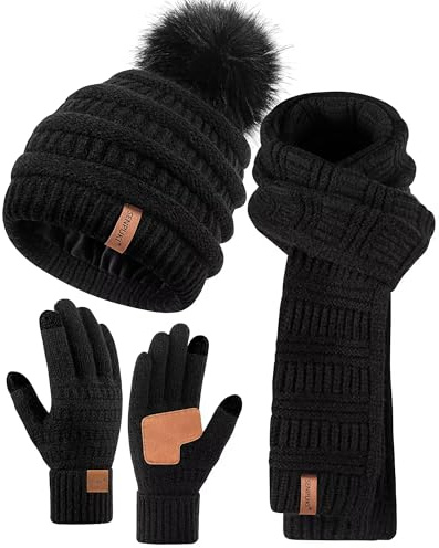 SENPUKI Mütze, Schal & Handschuh-Sets für Damen, Beanie Mütze Damen Winter mit Bommel Fleece Gefütterte, Touchscreen Handschuhe Schal Wärmer Mütze Damen 3-in-1 Geschenk Set für Kaltes Wetter(Schwarz)