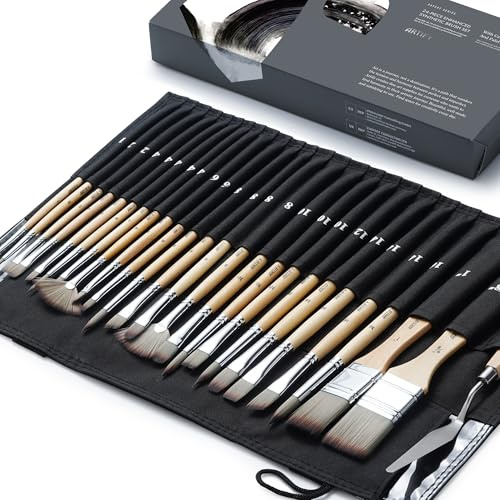 ARTIFY 25-teiliges Premium Pinselset Acrylfarben, Flache Filbert Rund Fächer Liner Eckpinsel mit Canvastasche und Malspachtel für Acryl-Öl-Aquarell-Gouache-Körperbemalung