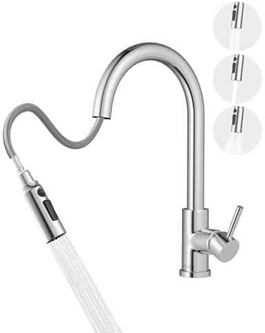 Wasserhahn Küche, Hochdruck Küchenarmatur mit Brause | 304 Edelstahl Küchenarmatur, Armatur 3 Strahlarten, Wassersparend, 360° Schwenkbar, DVGW-Zertifiziert, für Küche/Bar