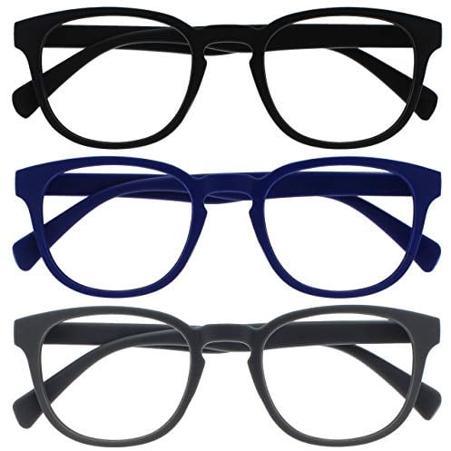 OPULIZE Pop Lesebrille 3er Pack Keck Rund Matt Rahmen Federscharniere Kratzfest Schwarz Blau Grau Herren Damen RRR2-137 +1.50