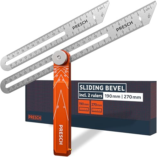 Presch Winkelschmiege inkl. Zusatzlineal - 190mm & 270mm - Extrem präzise Winkel übertragen - Verstellbare Schmiege mit Streichmaß-Funktion aus präzisionsgefrästem Aluminium und Edelstahl