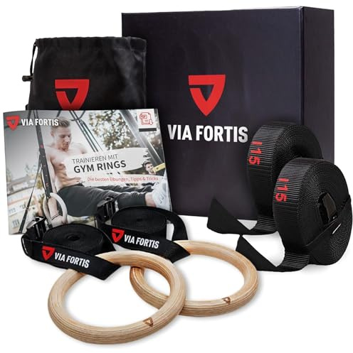VIA FORTIS Premium Turnringe aus Holz inkl. Gurte, Tasche & Workout-Guide – Gym Ringe für Calisthenics & Crossfit in Wettkampfausführung – extrabreite Gurte mit Markierungen