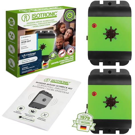 ISOTRONIC Marderschreck Auto – Batteriebetriebene Marderabwehr mit Vibrationssensor & Ultraschall – Marderschutz für Auto, Dachboden & Garage – Anti Marder Abwehr mit 40m² Wirkungsbereich (2 Stück)