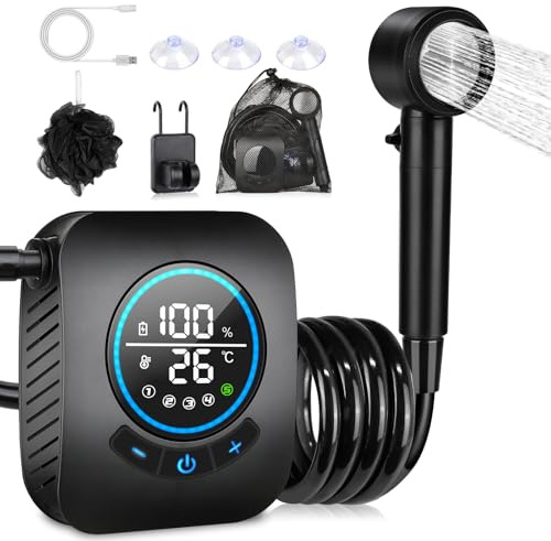 Spopal Camping Dusche, [8000mAh] Campingdusche Tragbare mit Pumpe und Temperaturanzeige, Mobile Dusche Outdoor Set mit Duschkopf und 2M Schlauch für Camping Garten Autowaschen Strand Reisen Haustier