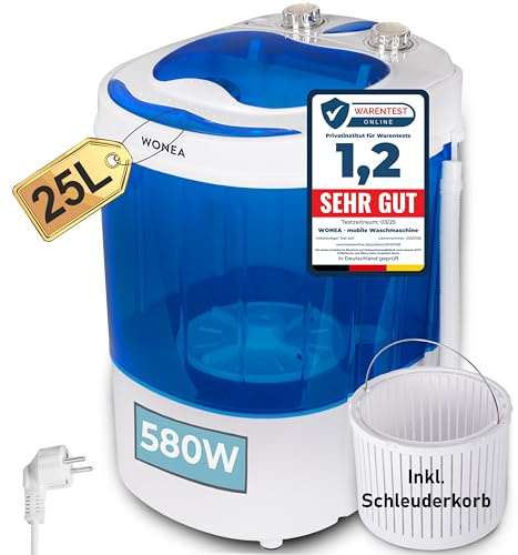 Mini Waschmaschine 25 Liter, 580 Watt mit Schleuder, kleine Waschmaschine bis 3 kg Wäsche, Reise Camping, Mobile Single Reisewaschmaschine mit Schläuderfunktion