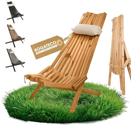 BOGATECO Klappbare Gartenliege aus Holz mit Kopfkissen - Deckchair für Garten, Balkon und Terrasse - Holzliege Zusammenklappbar - Sonnenliege ohne Metallteile - 100x55x30 cm - Braun