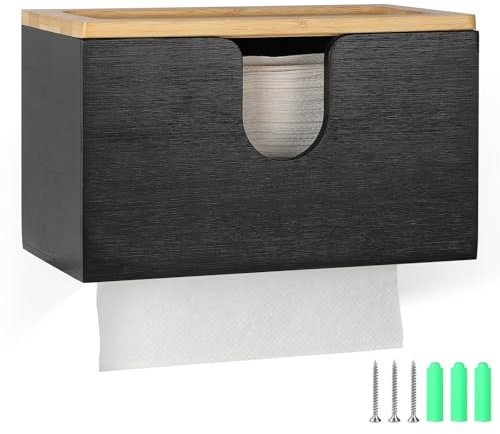 EFUTURETIME Handtuchspender Bambus 27,5 × 16 × 13cm für H2 Schwarz | Papierhandtuchhalter Wand für Papierhandtücher, Öffentlicher Papierhandtuchspender mit Magnetischem Deckel