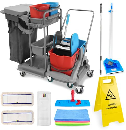 Hypafol Putzwagen Reinigungswagen Set | 2 x 18 l Eimer mit Wischmopp-Presse | Kehrgarnitur mit langem Stiel | 2X 50cm Baumwoll Wischmopp, 1x Mikrofaser-Mopp, 12 Mikrofasertücher | Warnschild