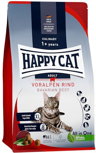 Happy Cat Culinary Adult Katzenfutter Voralpen-Rind glutenfrei, 10 kg | Glutenfreies Katzenfutter mit Voralpen-Rind, ab 12 Monaten, 86 % tierisches Protein, große Krokette XL