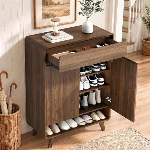 Pamapic Schuhschranks, Holz Schuhkommode mit 1 Schublade und 2 Türen, Schuhregal mit 4 Ebenen und Ablagen Regalen, Schmaler Schrank für Wohnzimmer, Flur, Schlafzimmer, 80 x 35 x 106,5 cm, Braun