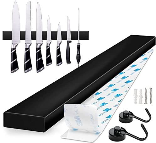 Magnetleiste Messer, 40cm Messerhalter Magnetisch mit 2 Haken Edelstahl Messerleiste Selbstklebend, Schwarz Wandhalterung Magnetleiste Ohne Bohren Messerhalter für Küchenmesser