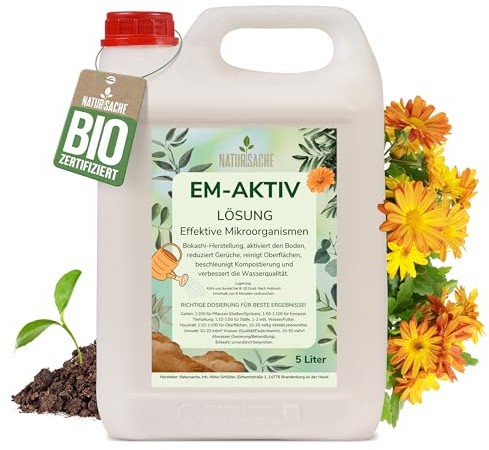 Natursache EM-aktiv Lösung | Effektive Mikroorganismen für Garten, Tierhaltung, Haushalt & Umwelt | Bodenaktivator, Geruchsentferner, Wasseraufbereiter (5 Liter, 1)