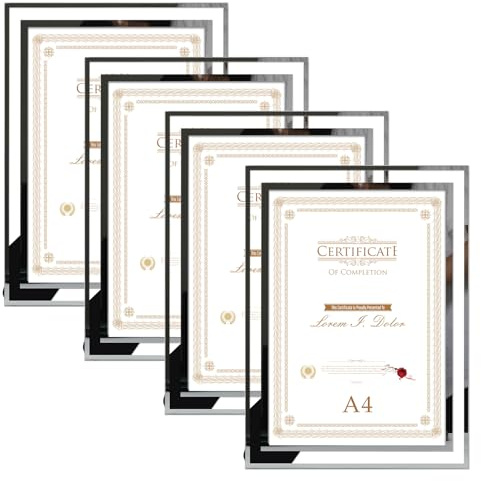 Hoikwo 4er-Set Bilderrahmen DIN A4 Glas – Fotorahmen Silber für Zertifikate, Diplome, Familienfotos und Hochzeitsbilder – Dokumentenrahmen 21x29,7 cm Nur für Tischaufsteller