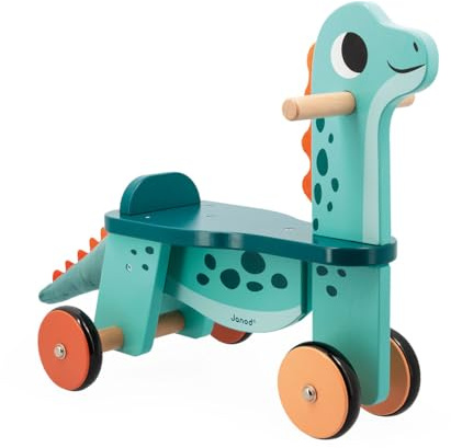 Janod - Portosaurus Dinosaurier-Reittier - Sitzhöhe 21 cm - Abnehmbarer Plüschschwanz - Lernspielzeug aus FSC-Holz - Ab 12 Monate, J05828