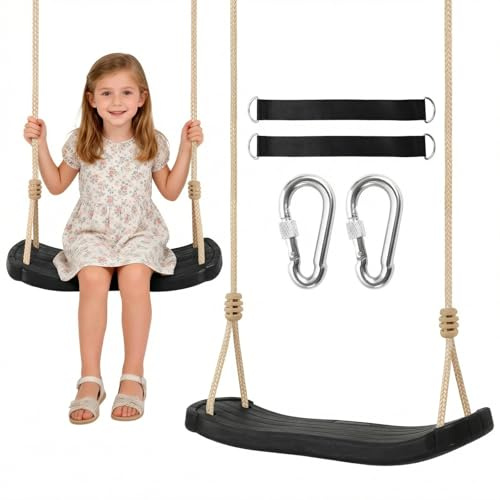 Hryniiex Kinderschaukel Garten Outdoor - Brettschaukel aus robustem PE-Kunststoff für Kinder ab 3 Jahren - Wetterfester Schaukelsitz bis 120kg, Höhenverstellbar - inkl. Baumkurte & Karabiner, Schwarz
