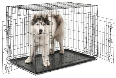 lionto Transportkäfig für Hunde & Katzen, 106 x 71 x 77 cm, Schwarz | Transportbox aus Metall mit Kunststoffwanne, Trennwand & stabilen Sicherheitsverschlüssen für Auto, Reise, Tierarztbesuch