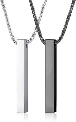 JeweBella 2 Stück Halskette Herren Edelstahl Schwarz Silber Kette Herren | Box Kette mit Anhänger,Quader Halskette,Bar Anhänger Halskette,55CM Kette für Männer Damen,Pärchen Kette Schmuck Geschenk