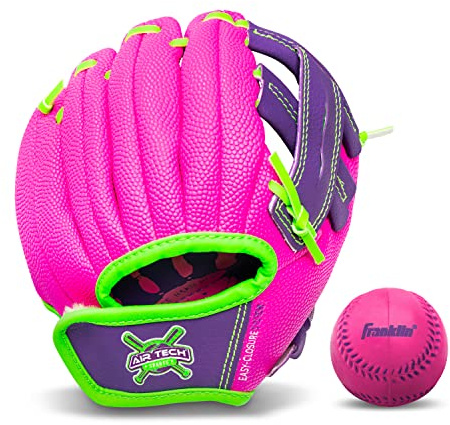 Franklin Sports Airtech Baseball-Handschuh für Jungen und Mädchen, Jugend-Teeball-Handschuh – Kinder + Kleinkind-Teeball + Baseball-Handschuh – rechte Hand – 21,6 cm, Rosa/Lila