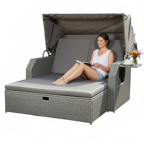 Melko Sonnenbett Outdoor mit faltbarem Dach wetterfest Strandkorb Lounge Muschel Polyrattan | klappbarer Seitentisch | verstellerbare Rückenlehne |
