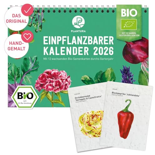 Plantura Einpflanzbarer Kalender 2026, A5-Format, Bio-Saatgut-Kalender mit 12 Samenkarten zum Einpflanzen