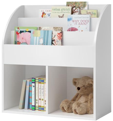 Bellabino Koro Montessori Bücherregal, Weiß, 3 Fächer, 2 Ablagefächer, Holz | Regal fürs Kinderzimmer 79x34x72 cm, Montessori Kinderregal, Spielzeugregal zur Aufbewahrung, Spielregal, Bücheraufbewahrung