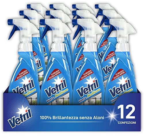 Vetril - Mehrzweck-Glasreiniger mit Ammoniak, Entfettungswirkung und Schnelltrocknungstechnologie, in Ecoflacon, 650 ml x 12 Stück