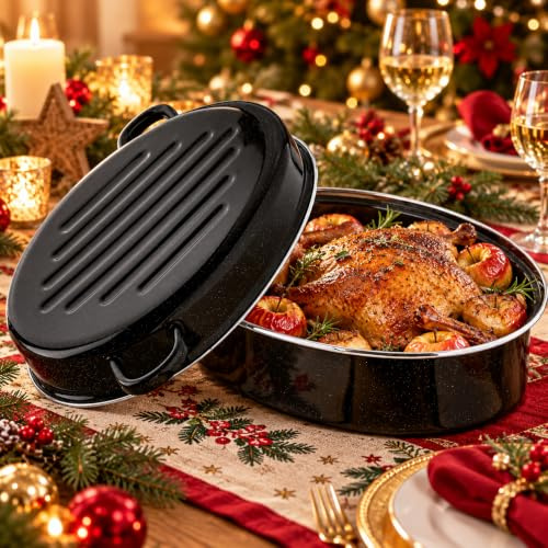 MIKONI Gänsebräter mit Tropfdeckel 34 x 25 x 15cm Emaille Bräter + Deckel Schmortopf Bratentopf Entenbräter 3,5L