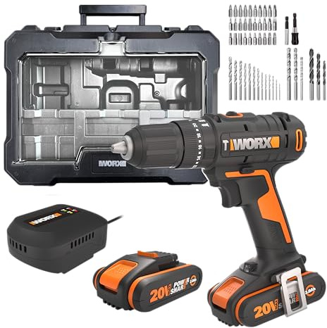 WORX WX370.2 Akku Schlagbohrschrauber 20V, 50Nm, 2-Gang-Getriebe, zum Schrauben, Bohren & Schlagbohren, 20 Drehmoment- + Bohrstufen + Schlagfunktion (inkl. 2x2Ah Akku, Ladegerät & Set mit 51Stk. Bits)