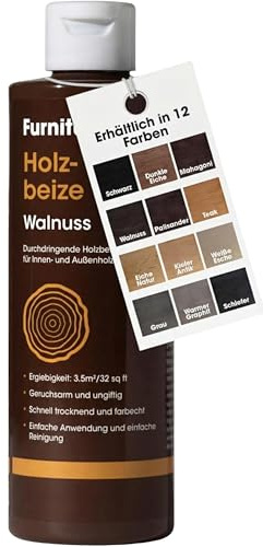 Furniture Clinic Holzbeize und Holzlasur (Walnuss). Ungiftig. Hochkonzentrierte Holzbeize. Schnelltrocknend. Beize für alle Holzarten im Innen und Außenbereich 250 ml