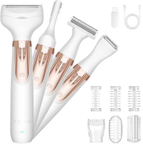 ANLAN Elektrischer Damenrasierer 4 in 1, Intimrasierer Damen & Bikini Trimmer, USB-C Wiederaufladbar, IPX6 Wasserdicht für Nass & Trockenrasur, Körperrasierer für Beine, Achseln, Gesicht & Augenbrauen
