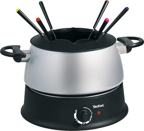 Tefal EF3000 Fondue Base Ronde|1200 Watt| mit 6 farbigen Gabeln| Für jede Fondueart: Öl, Käse, Schokolade| mit Spritzschutz| regelbarer Thermostat| einfache Reinigung| Silber/Schwarz