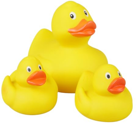 Lena 65543 - Entenfamilie 3er Set, Mama Ente ca. 11cm und 2 Enten Küken ca. 5cm als Badewannen Spielzeug, Quietscheente zum Baden und Spielen, Badeente Familie, Entenset für Kinder ab 12 Monaten, gelb