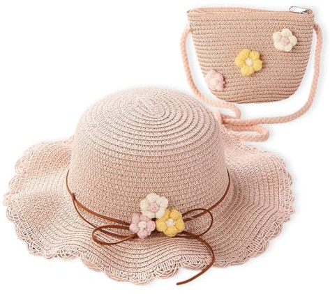 Strohhut und Kleine Tasche Set, Mädchen Kinder Sommer Sonnenhut Sonnenhüte mit Blumendekoration für den Urlaub Reise Outdoor-Aktivitäten Reisehut Sonnenhut für den Urlaub Reise (A-Pink)
