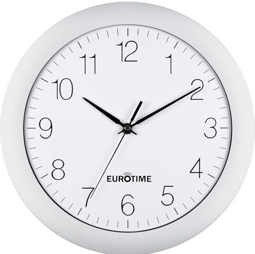 Eurotime Funkwanduhr, 30 cm, Kunststoffgehäuse, gewölbtes Echtglas, automatische Zeitein- und Zeitumstellung von Sommer- und Winterzeit, Wanduhr für Küche und Wohnbereich, weiß, 52800-00